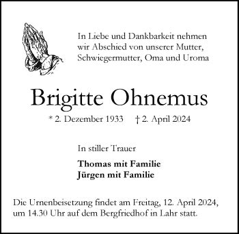 Traueranzeigen von Brigitte Ohnemus Schwarzwälder Bote Trauer