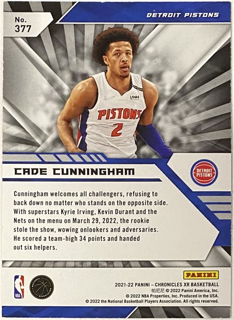 Cade Cunningham Panini Chronicles Xr Basketball Detroit Pistons