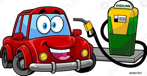 Happy Cute Car Cartoon Character At Gas Station Being Filled - stock ...