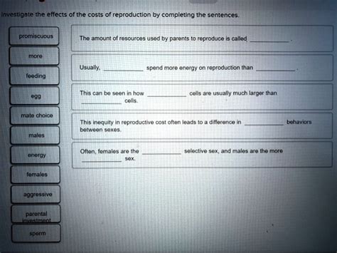 Solved Investigate The Effects Of The Costs Of Reproduction By Completing The Sentences