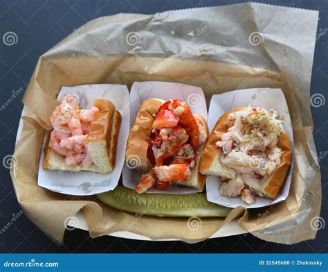 Seafood Trio: Shrimp Roll, Lobster Roll and Crab Roll Stock Photo ...