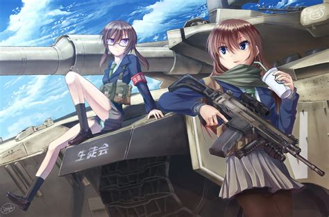 2girls Black Hair Blue Eyes Brown Hair Clouds Combat Vehicle Dreadtie