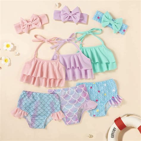 Bộ Đồ Bơi Bikini Hai Mảnh Phối Bèo Hình Nàng Tiên Cá Dễ Thương Cho Bé