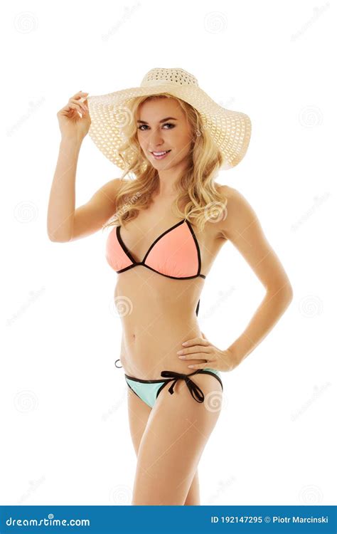 Tragender Bikini Der Frau Und Sommerhut Stockbild Bild Von Getrennt