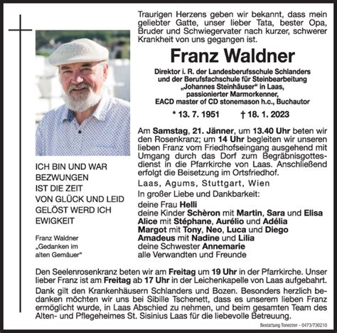 Traueranzeigen Von Franz Waldner Trauer Bz