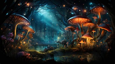 Fantastic Wonderland Landscape With Mushrooms Generative Ai Stock