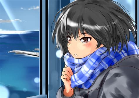 Safebooru 1girl Amagami Black Hair Blush Brown Eyes Coat Murasaki Iro Nanasaki Ai Plaid Scarf