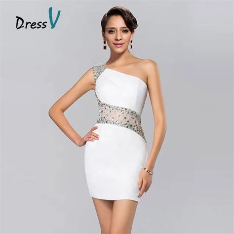 Hot Trendy Short White Cocktail Dresses One Shoulder Sheer Beaded Sheath Curvy Party Vestidos De