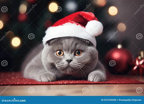 Cute Cat Wearing Santa Claus Costume In Christmas Party Merry