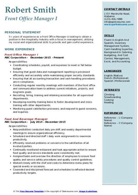 Front Office Manager Resume Samples Qwikresume