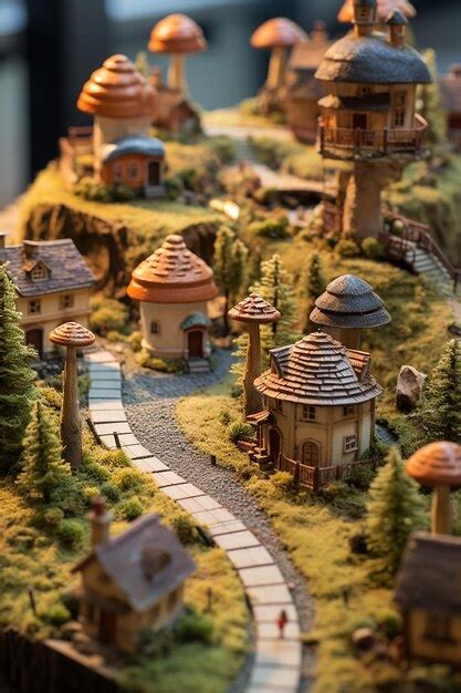 Premium AI Image | a close up of a miniature village on the surface of a mushroom with tiny ...