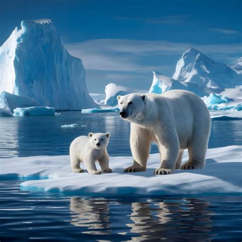 Arctic Landscape With Icebergs Polar Bear And Cub Calm Water