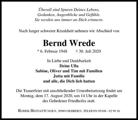 Traueranzeigen Von Bernd Wrede Trauer Anzeigen De