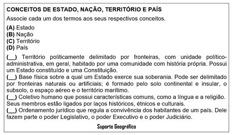 ATIVIDADE SOBRE CONCEITOS DE ESTADO NAÇÃO TERRITÓRIO E PAÍS RESPOSTA