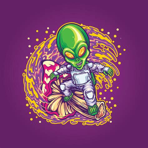 Alien spaceman surfing on space with trippy mushroom illustrations ...