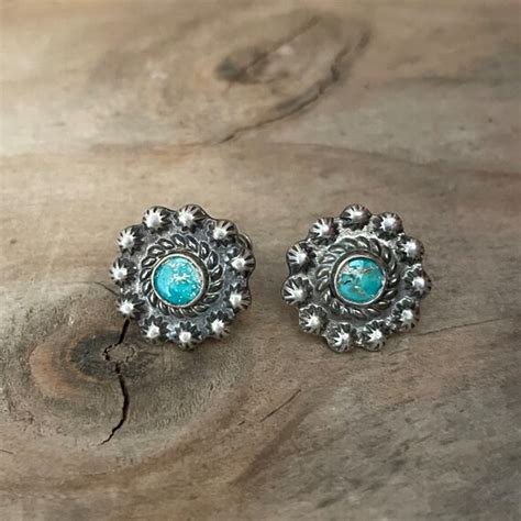 Antique Turquoise Concho Earrings Sterling Silver Vin Gem