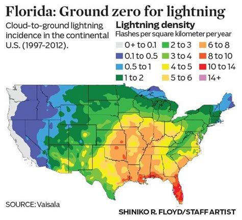 A Map Of The U S Shows The Density Of Lightning Strikes In The Nation