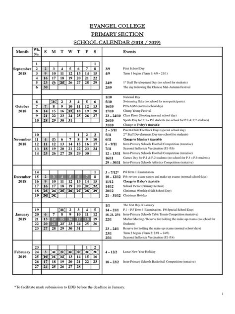 Comprehensive School Calendar for Evangel College Primary Section for ...