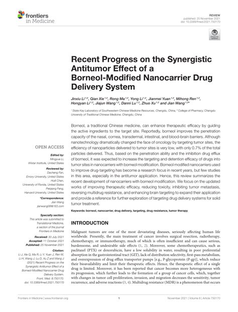 Pdf Recent Progress On The Synergistic Antitumor Effect Of A Borneol