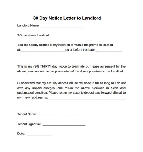 30 Days Notice Letter To Landlord 7 Download Free Documents In Word Sample Templates