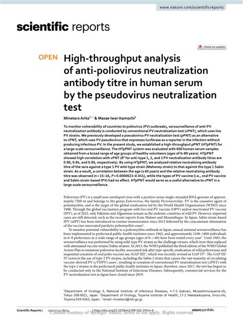 Pdf High Throughput Analysis Of Anti Poliovirus Neutralization Antibody Titre In Human Serum