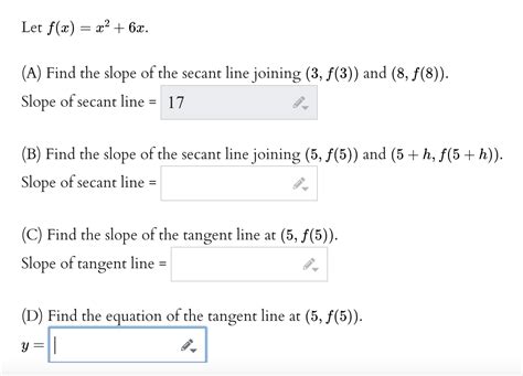 Solved Let F X X2 6x A Find The Slope Of The Secant Line Chegg