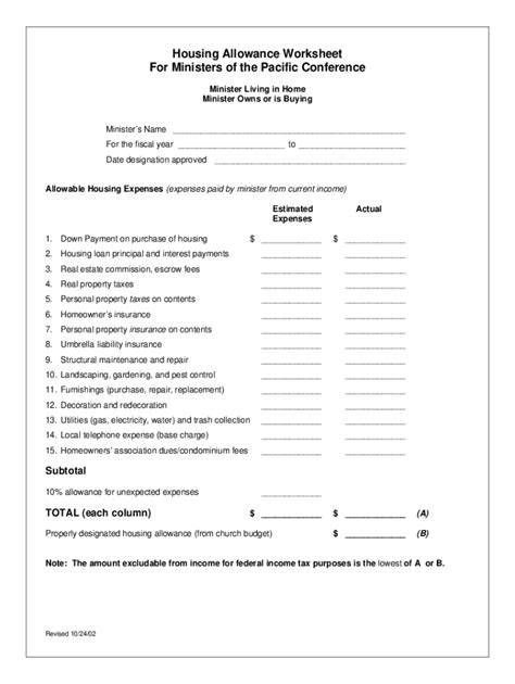 Fillable Online Ministers Housing Expenses Worksheet Fax Email Print