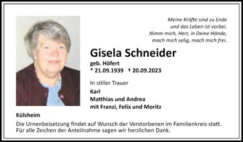 Traueranzeigen Von Gisela Schneider Trauerportal Ihrer Tageszeitung