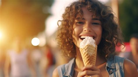 Premium Ai Image A Woman Holds An Ice Cream Cone In Summertime