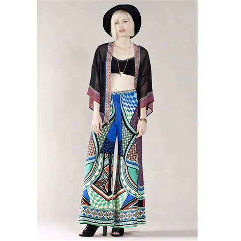 Boho Hippie Chic Gypsy Pants Bell Bottom Aztec Mixed Print Wide Leg