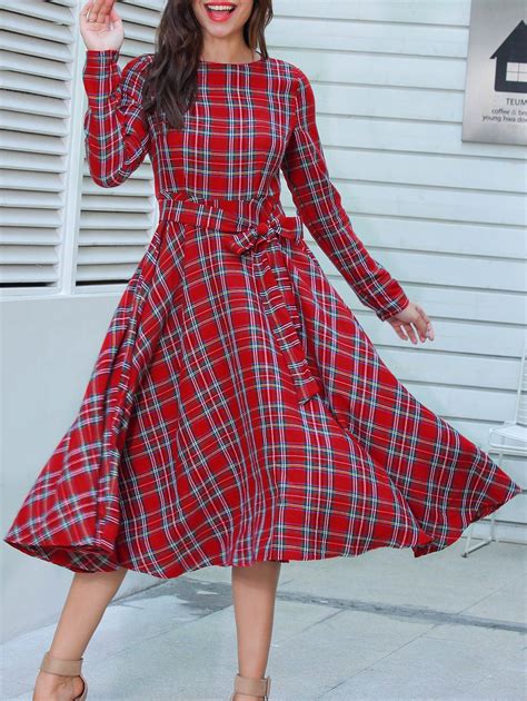 48 Off Long Sleeve Plaid Belted Midi Dress Rosegal