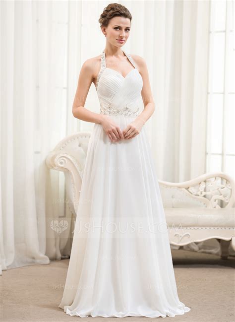 A Line Princess Halter Floor Length Chiffon Wedding Dress With Ruffle Beading Sequins 002054367