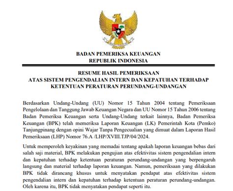 Bagian I Bpk Ungkap Temuan Di Laporan Keuangan Pemko Tanjungpinang