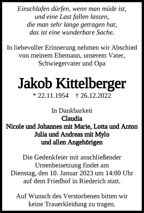 Traueranzeigen Von Jakob Kittelberger S Dwest Presse Trauer