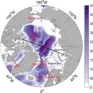 Arctic Ocean bottom topography (unit: m). Red lines indicate the main ...