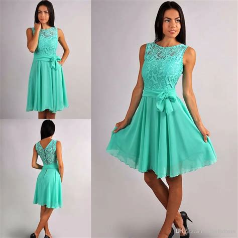 Mint Chiffon Short Rustic Bridesmaid Dresses Sleevelesss Lace Top