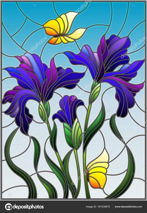 Illustration In Stained Glass Style With A Bouquet Of Purple Irises And Yellow Butterflies On A