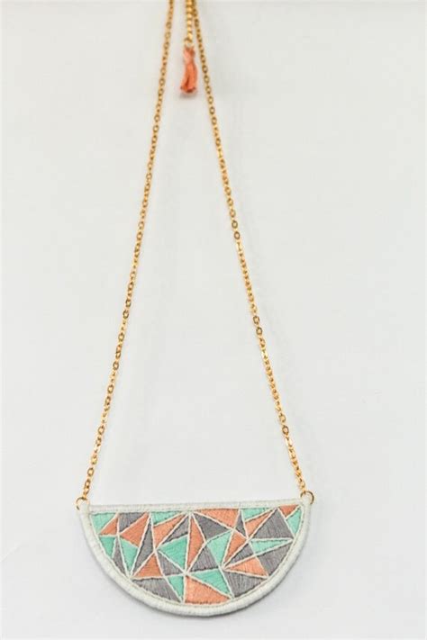 Hand Embroidered Geometric Statement Necklace Triangles Bib