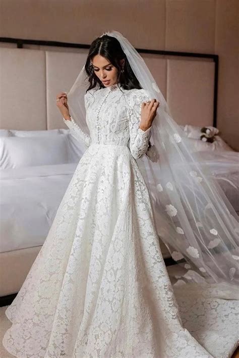 Romantic Lace Wedding Dress High Neck Long Sleeves Muslim Gown Tanya