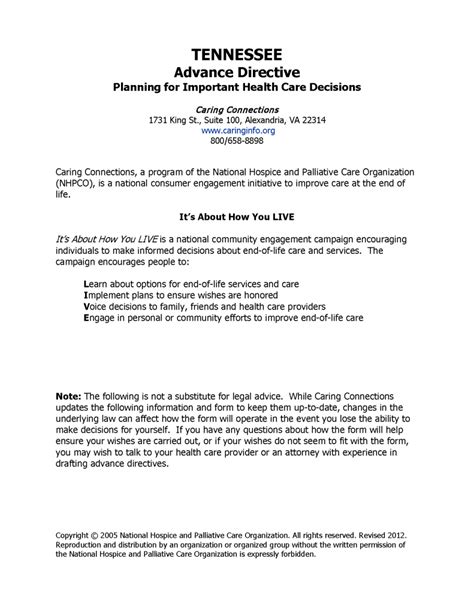 Free Tennessee Advance Directive Form Medical Poa Living Will Pdf