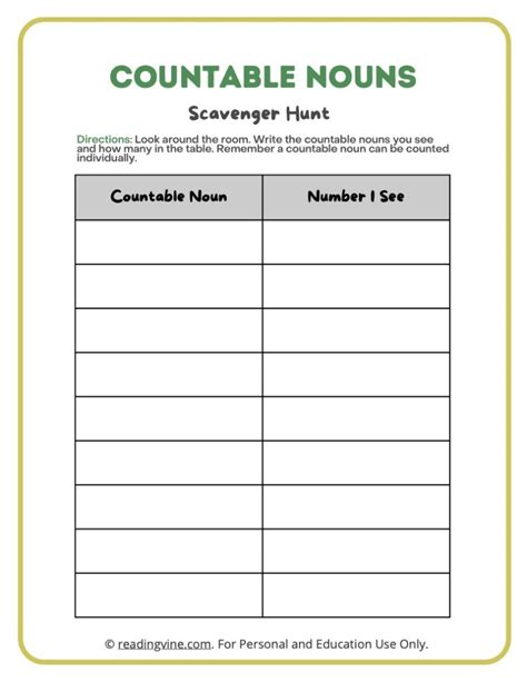 Countable Nouns Scavenger Hunt Image ReadingVine