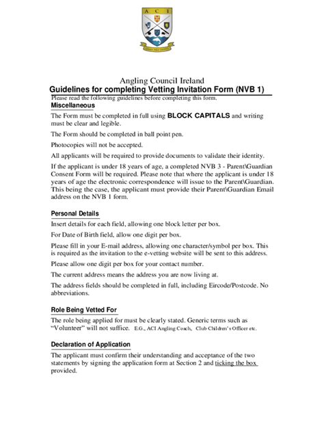 Fillable Online Aci Guidelines For Completing Vetting Information Form