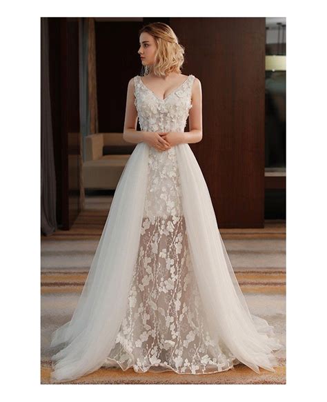 Unique Chic V Neck Split Tulle Flowers Lace Wedding Dress Beach