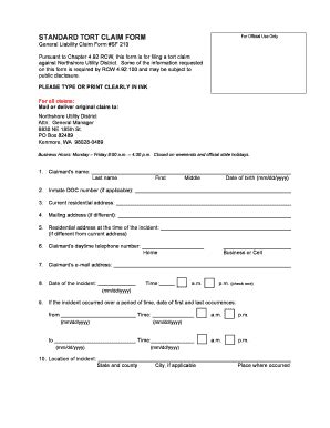 Fillable Online Standard Tort Claim Form For Official Use Only General