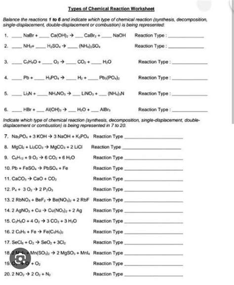 Types Of Chemical Reaction Worksheet Balance Studyx