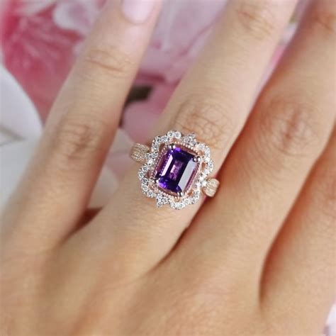 Custom Halo Antique Amethyst Emerald Cut Engagement Ring