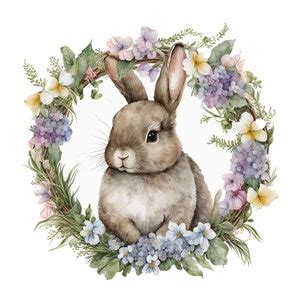 10 Bunnies With Flower Wreaths Clipart High Quality Jpgs Etsy