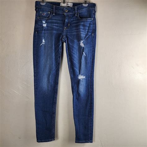 Hollister Skinny Low Rise Medium Wash Blue Distressed Gem