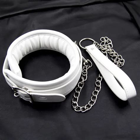 Quality White Leather Bondage Harness Slave Bdsm Collar And Chain Leash