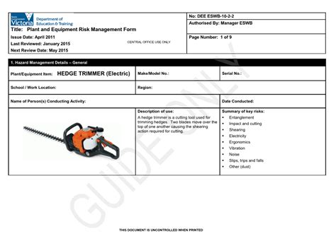 Plant And Equipment Risk Management Form Hedge Trimmer Electric